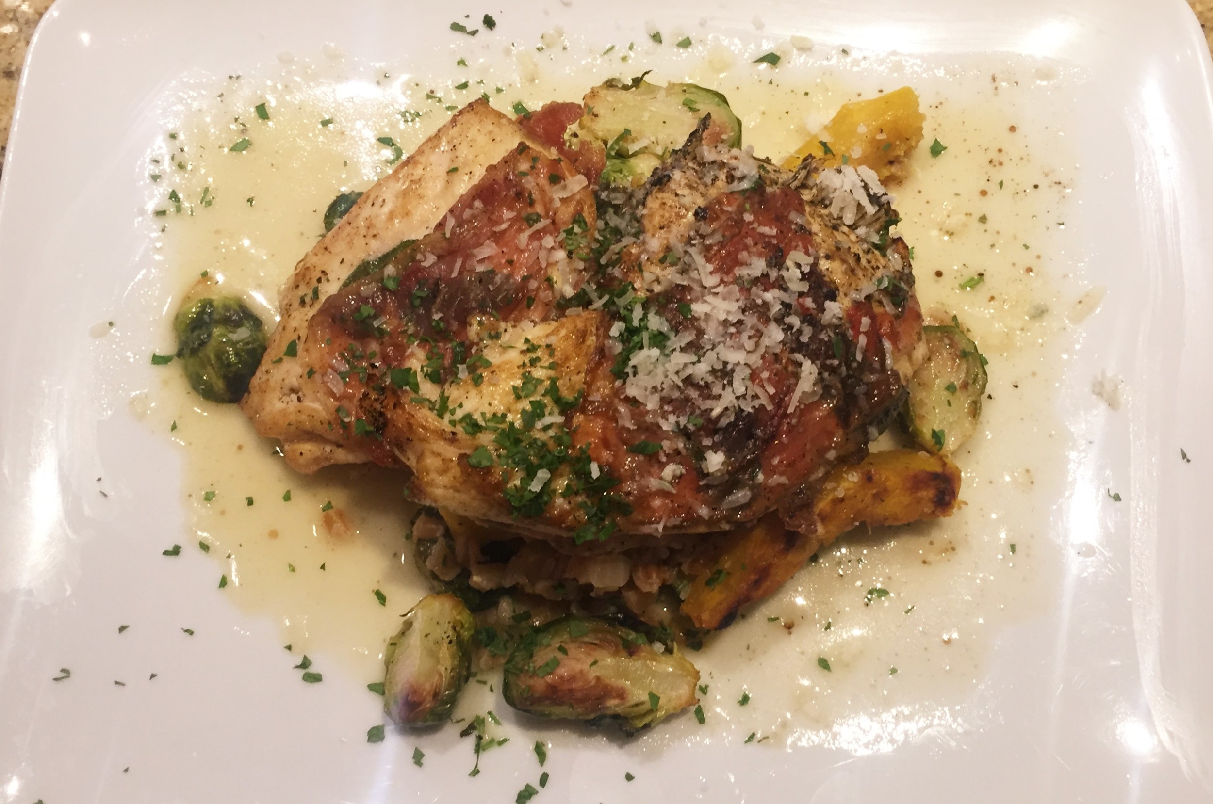  Chicken Saltimbocca with Farro, roasted Brussel Sprouts and Acorn Squash at 2020