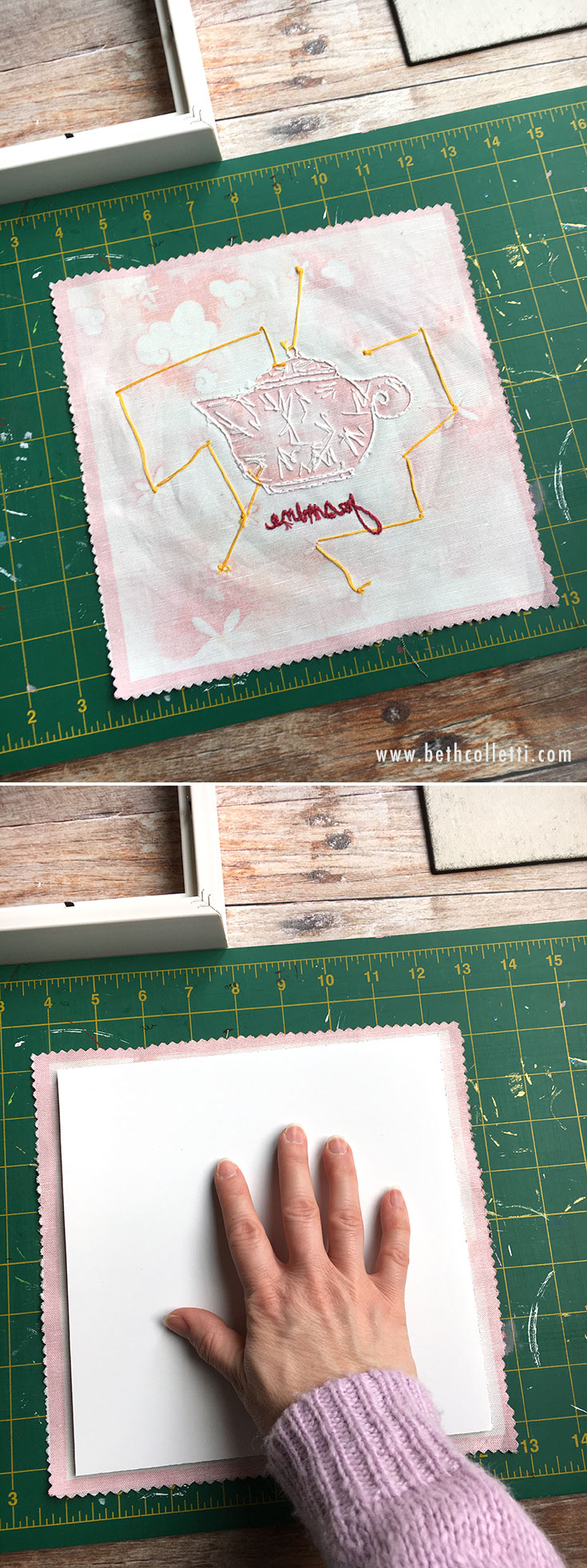 Center the mounting board onto your fabric with the adhesive facing down.