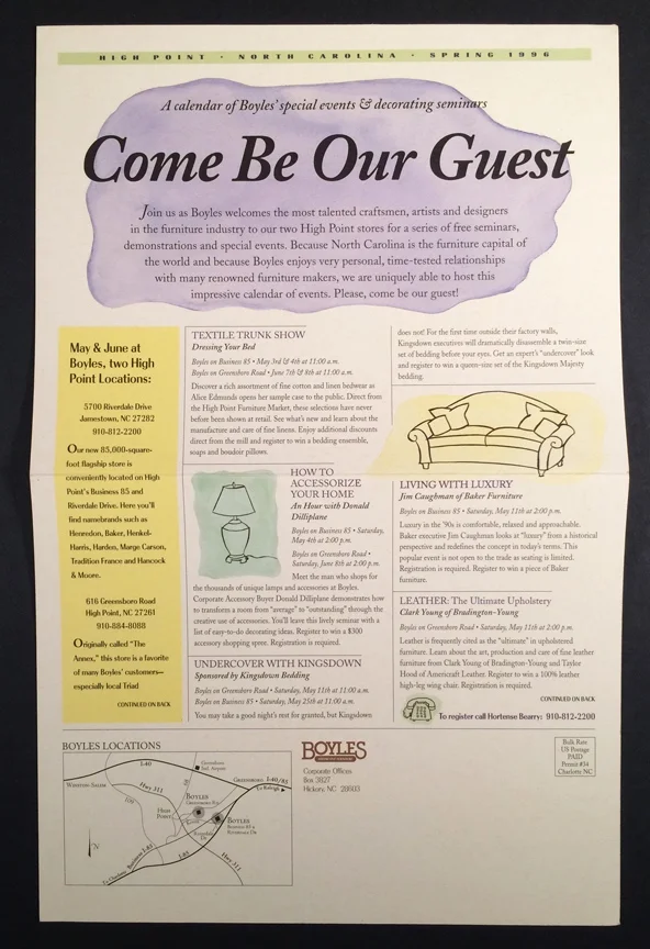  Boyles Furniture, Direct Mail Calendar of Events, front  (plus, illustrations)  