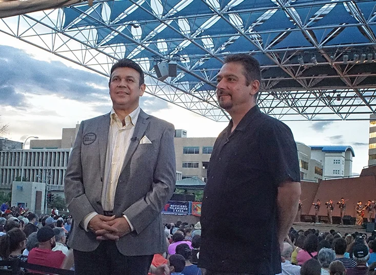 LAMF founder Floyd Vasquez interview's José Hernández during live broadcast of 2017 Mariachi Spectacular Showcase Concert & Competition.