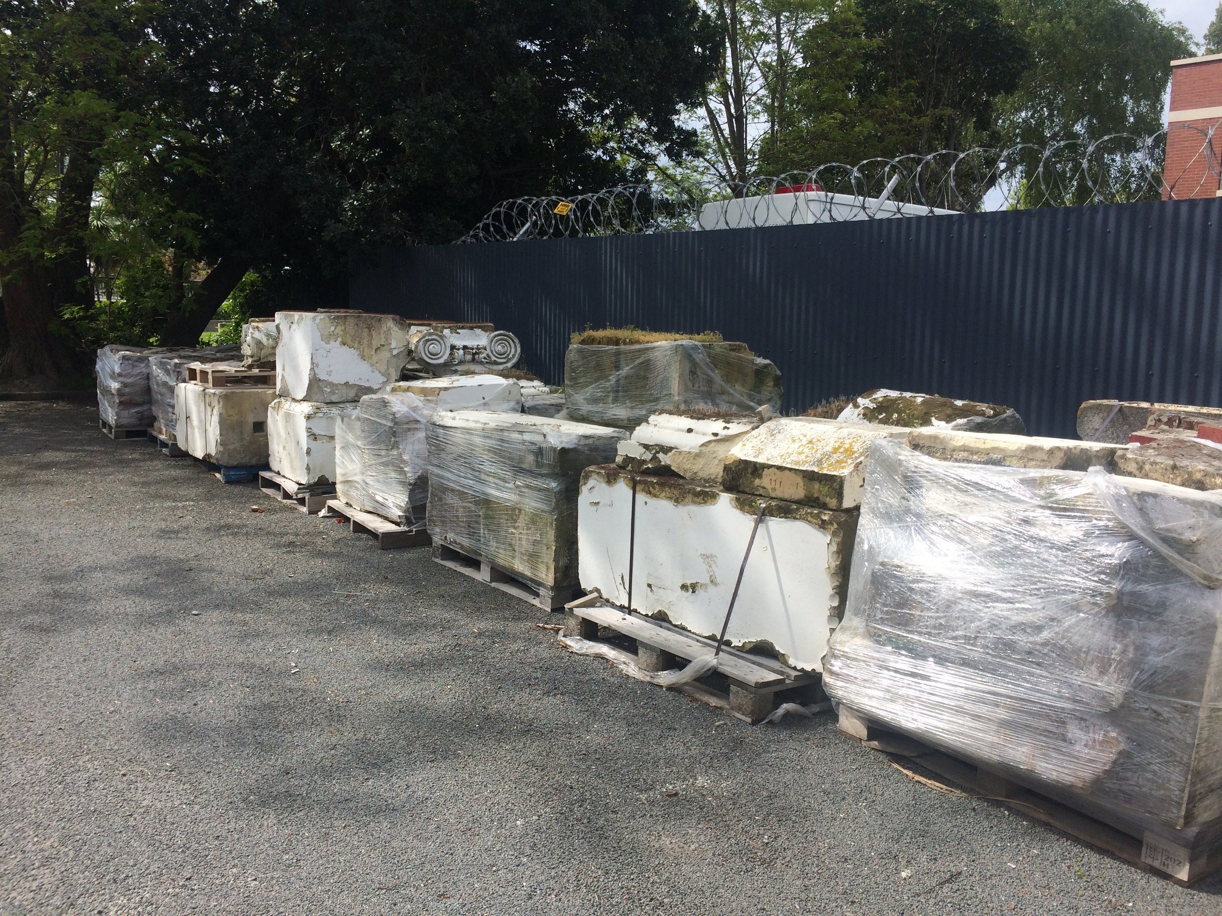 Salvaged stone pieces for re-use within the project