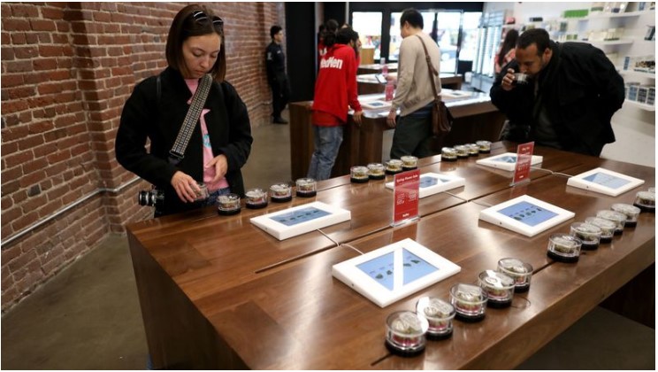 Denise Nugent of Los Angeles looks over flower strains of marijuana at MedMen, a marijuana store in L.A. (Gary Coronado / Los Angeles Times)