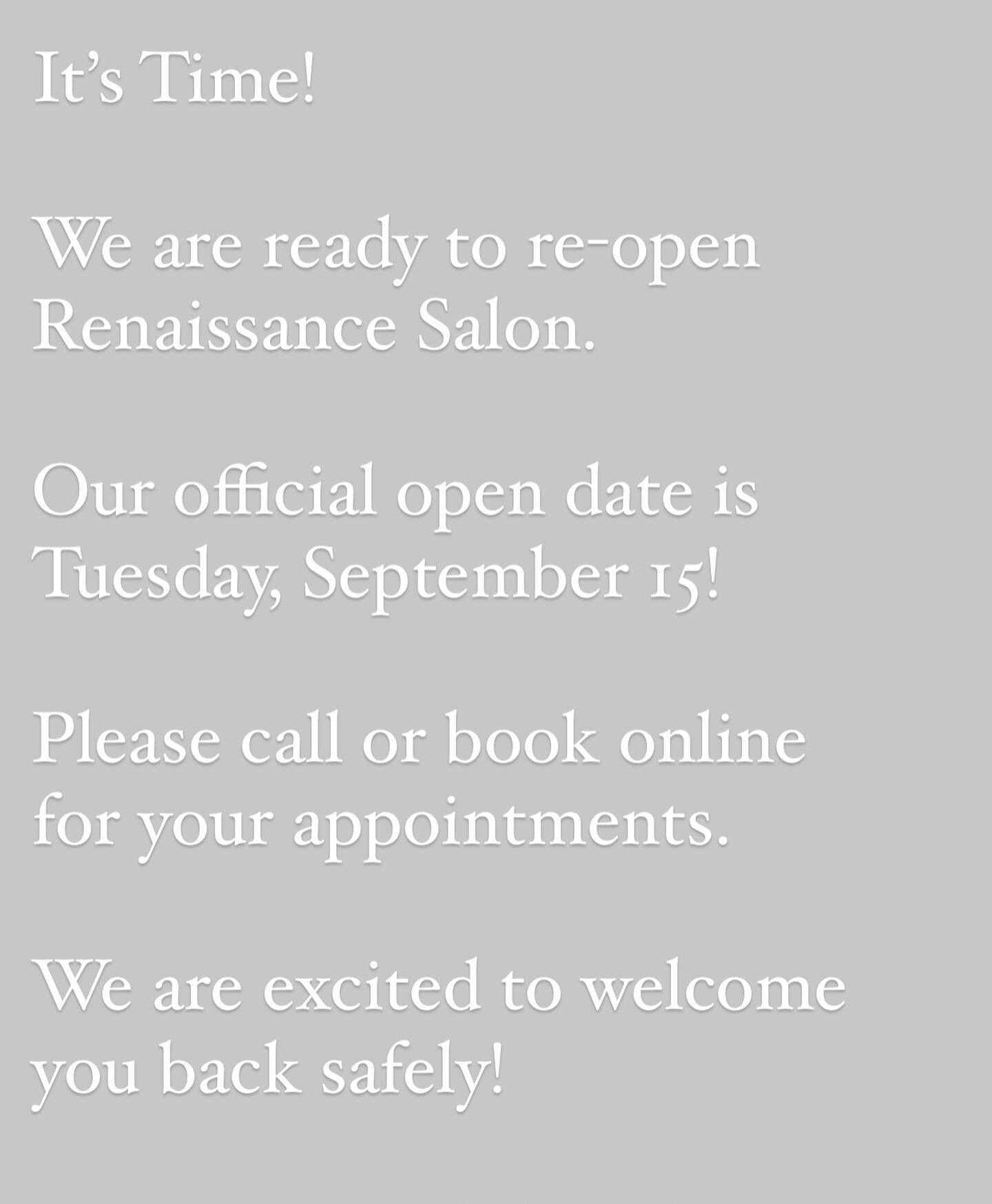 Bringing Beautiful Back, Take 2. Now taking appointments over the phone or online for our re-opening on Tuesday, September 15!