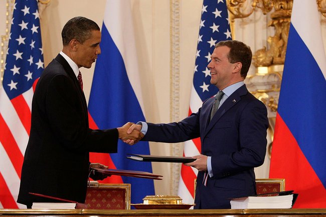 Presidents Obama and Medvedev shake hands after signing the New START Treaty, April 8, 2010, Prague, Czech Republic. Source: Wikipedia