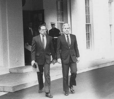 Senator's Sam Nunn and Dick Lugar leave the White House in 1991 after briefing President George H.W. Bush on their legislation. Source: Wikipedia Commons.