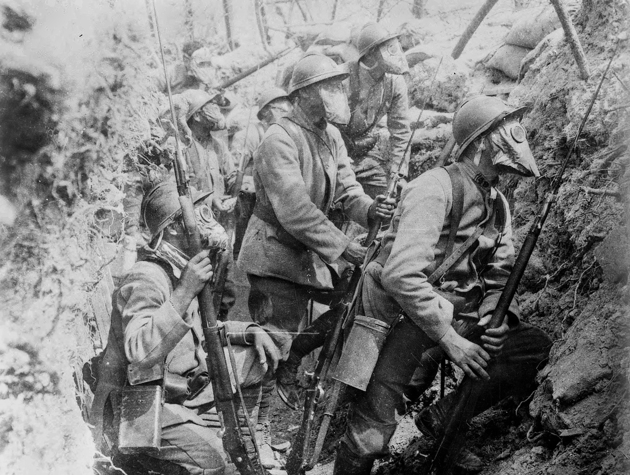 French Soldiers man a trench wearing their M-2 Masks
