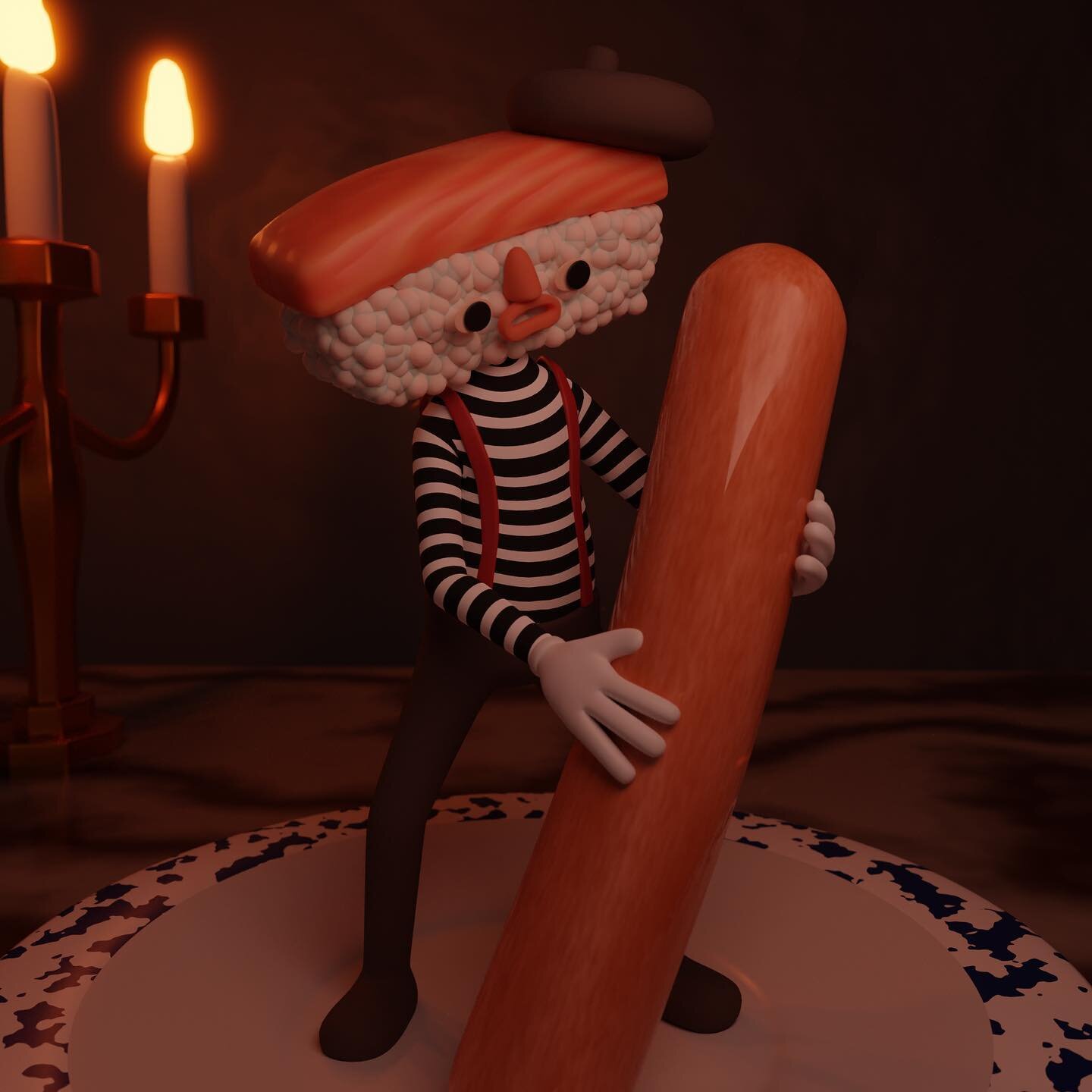 forbidden dance 🕯 🍣 🤡 🥀 

Yesterday on Twitch we made this scene based on suggestions in chat : salmon, &ldquo;juicy, hairy wiener&rdquo;, candelabra, mime. Took the hair off the wiener because it wasn&rsquo;t... working.

Had to finish it offlin