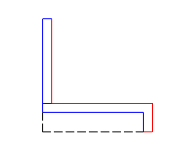 Line drawing of two L-shaped objects, one outlined in red and the other in blue, arranged to form a corner.