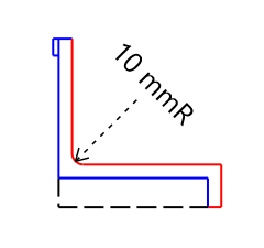 A technical drawing showing an L-shaped object with a 10 mm radius rounded corner. The object has red and blue lines indicating different parts of the shape, with a dashed black line at the base.