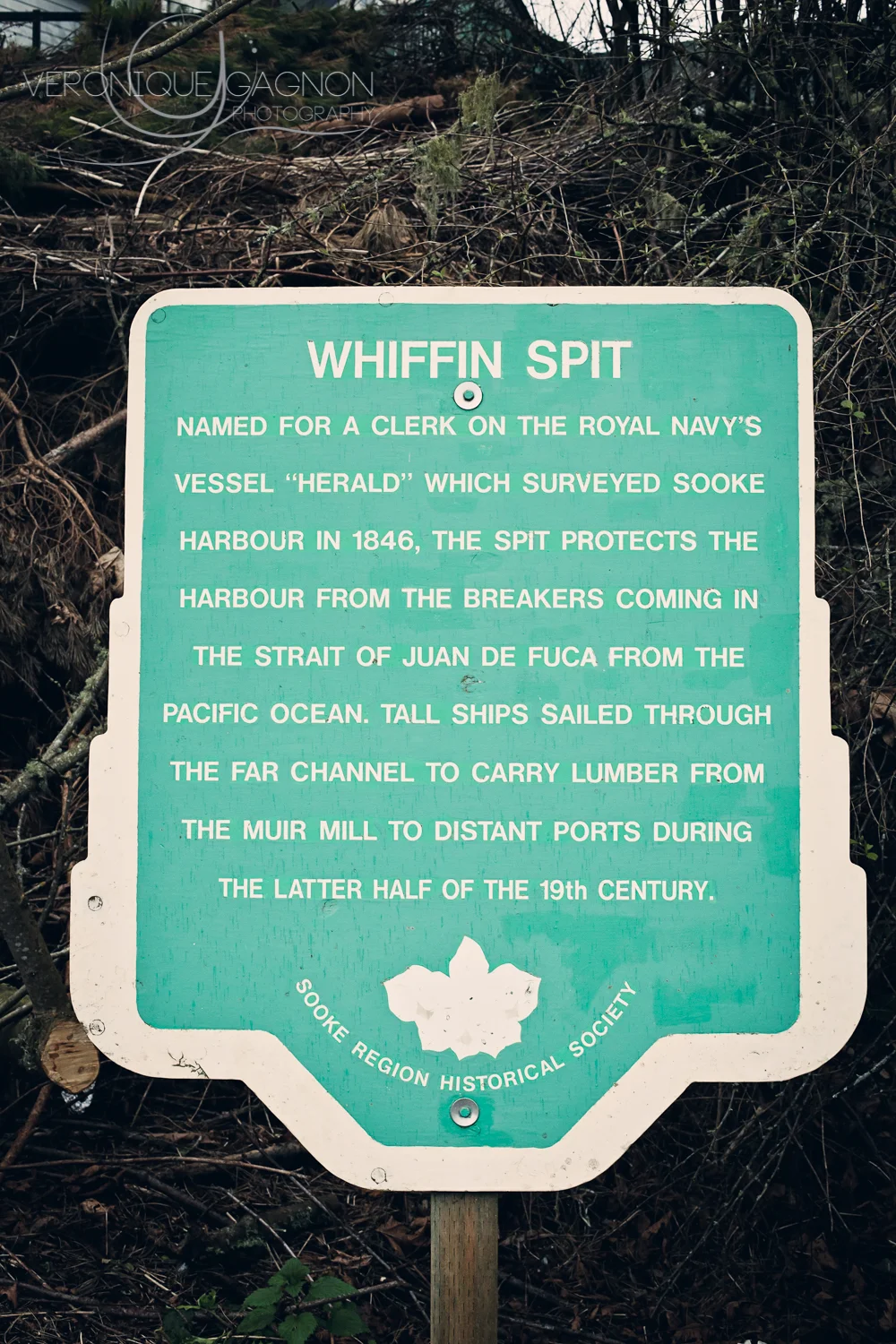 Whiffin Spit: Named for a clerk on the royal navy's vessel "Herald" which surveyed Sooke Harbour in 1846, the spit protects the harbour from the breakers coming in the Straight of Juan de Fuca from the Pacific Ocean. Tall ships sailed through the far channel to carry lumber from the muir to distant ports during the latter half of the 19th century.