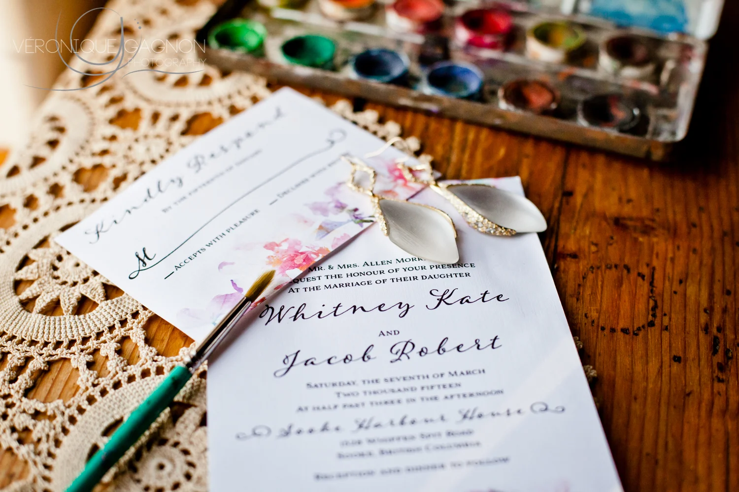 Watercolour wedding invitations and Leah Alexandra earrings all in style for the perfect wedding at the Sooke Harbour House
