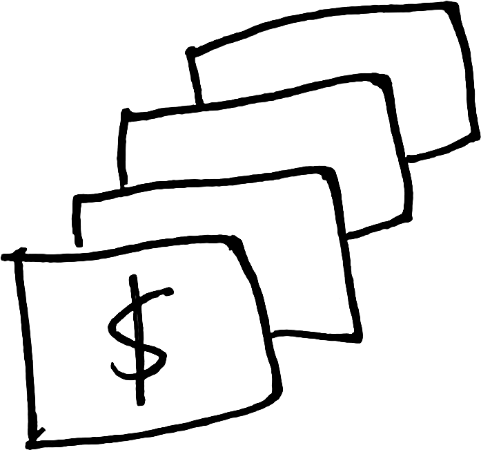 Drawing of multiple dollar bills stacked behind each other with a dollar sign on the front bill.