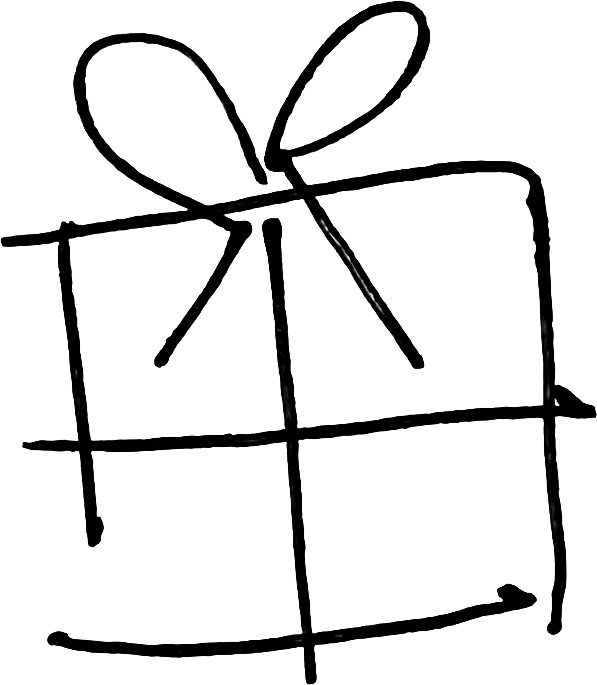 A simple line drawing of a gift box with a bow on top.