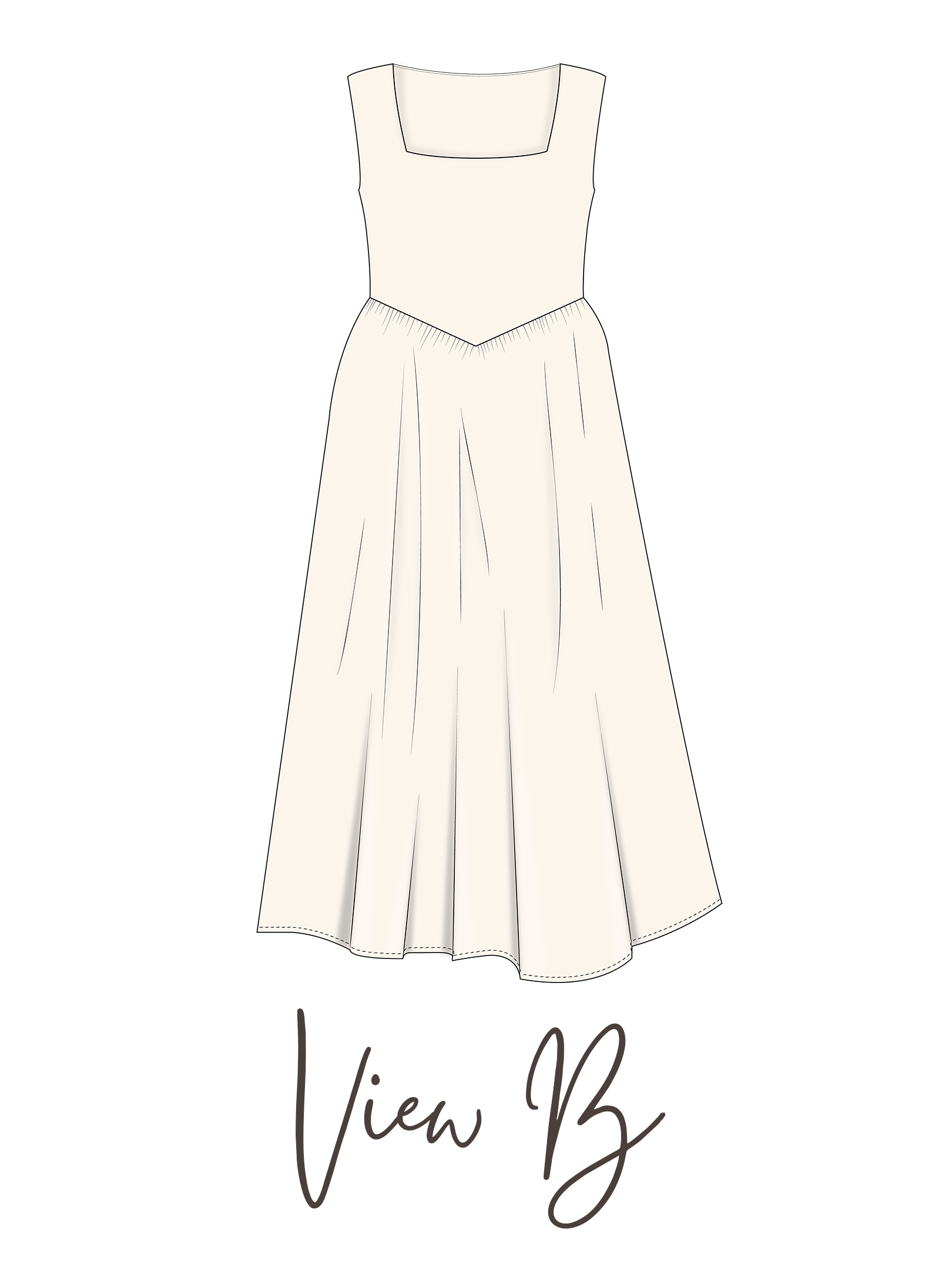 A digital drawing of a sleeveless white dress with a square neckline and a long flowing skirt. Partially visible text reads "View B."