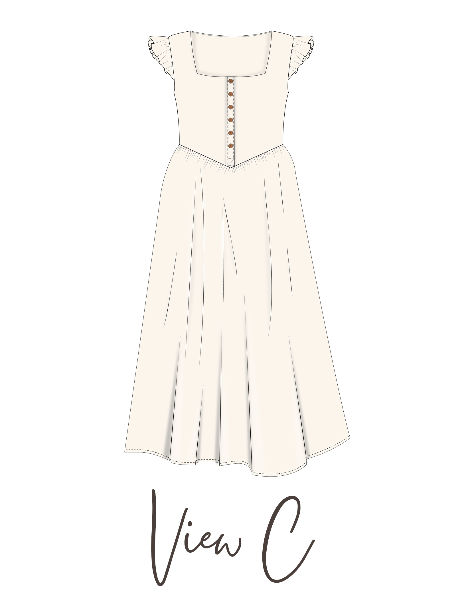 A digital illustration of a white dress with ruffled cap sleeves, a fitted bodice with a button-down front, and a long flowing skirt. The dress is displayed above handwritten-style text that says "View C."