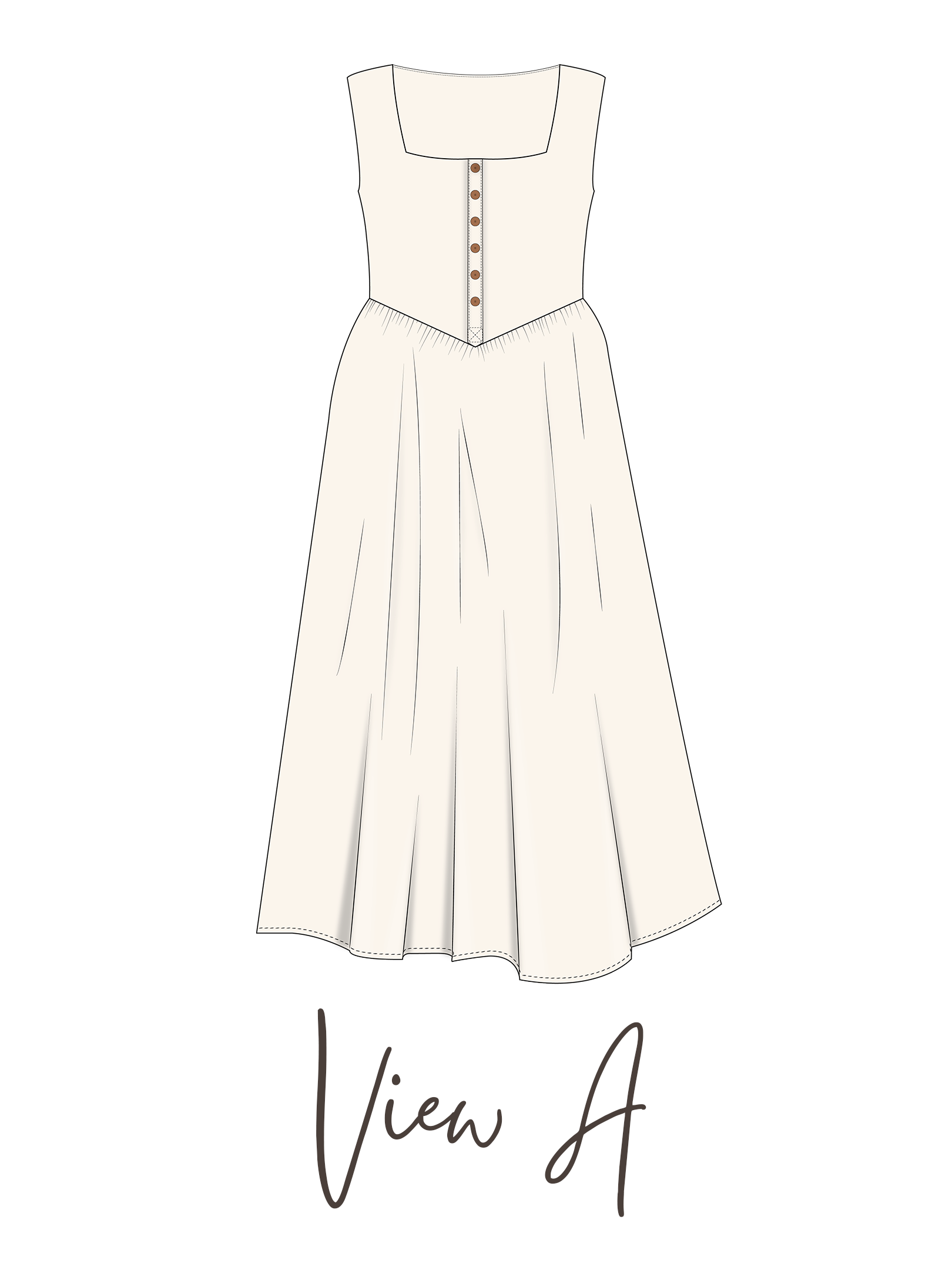 Illustration of a white sleeveless dress with a square neckline, front buttons, and a gathered skirt, overlaid with the text 'View A' in cursive.