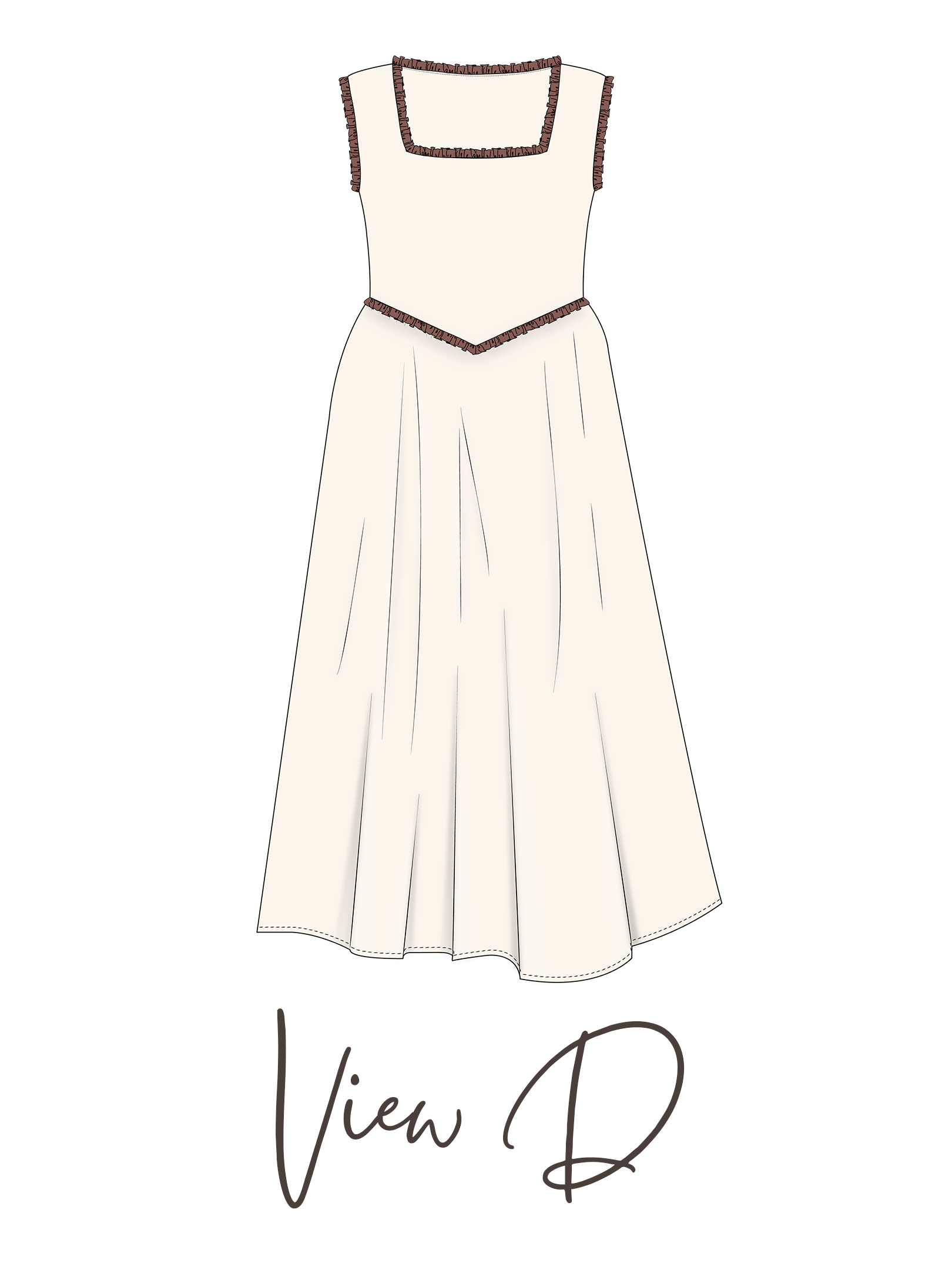 A line drawing of a white dress with brown trim around the top, shoulders, waist, and bottom hem, overlaying text that says "View D" in cursive