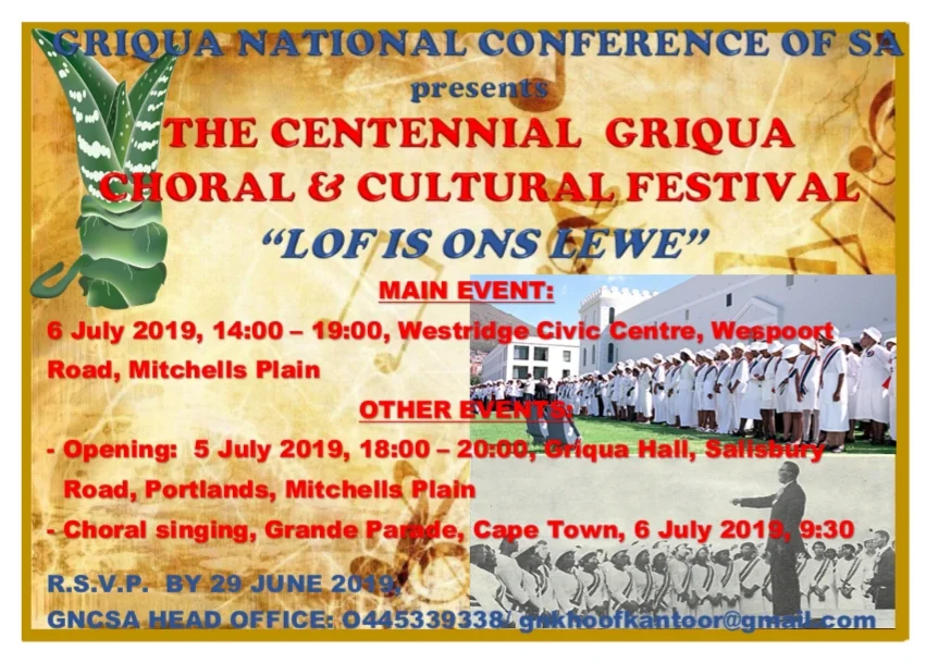 The Griqua Church to celebrate its long-standing traditions in July. Griqua culture has embraced aspects of colonialism which its church reflects. The plant in the left-hand corner of the pamphlet is the Kenniedood succulent plant, meaning the Plant that Shall Not Die. It was chosen as an emblem for the Griqua people to represent resilience in the face of adversity.