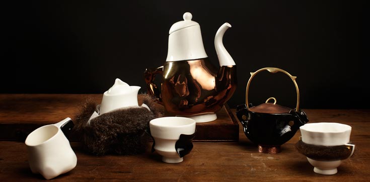 The Briggs family tea service by trent jansen is showing at the 'new craft' exhibition.