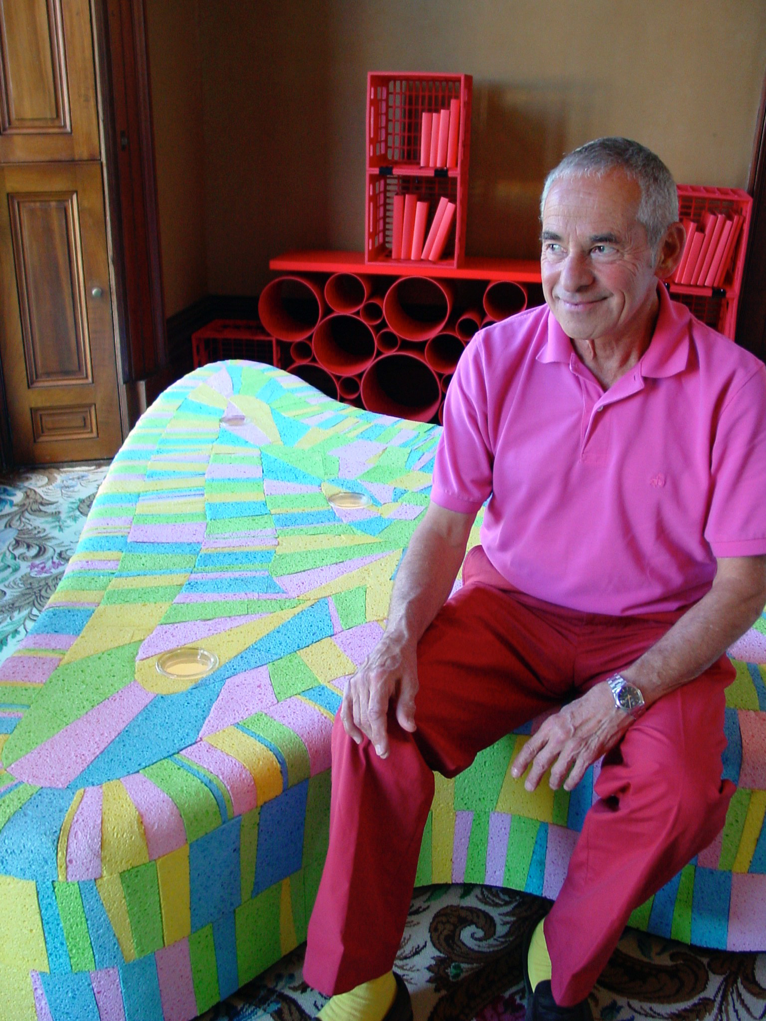 George on his colourful kitchen sponge ottoman at the Changing Spaces exhibition organised by the Historic Houses Trust and held at Elizabeth Bay House in 2006. Photo by Jody Pachniuk.