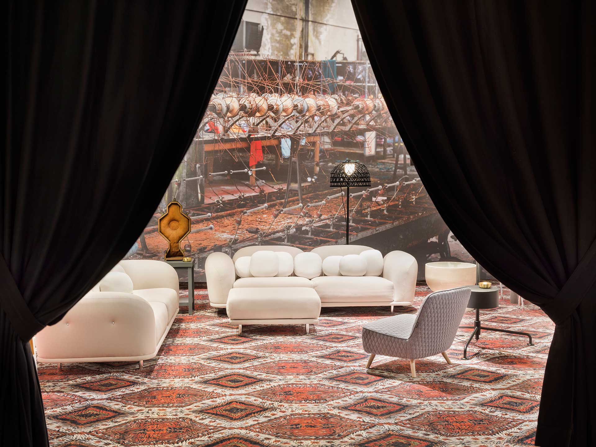 Drawing back the curtains on Moooi: the Cloud sofa at the Salone del Mobile 2016 in Milan. Photo Andrew Meredith for Moooi.