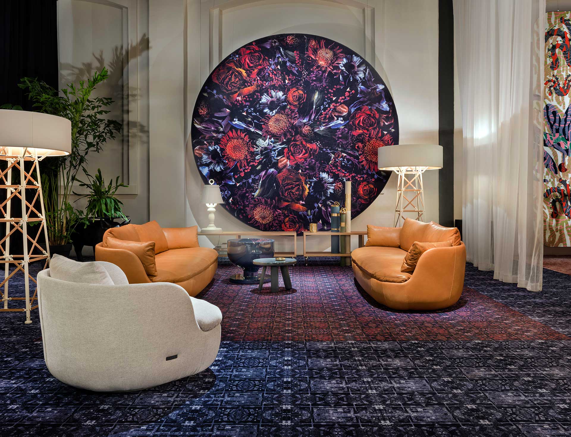 In Milan in 2016, Moooi Bart sofas , Construction lamps and a Moooi Carpet on the wall. Photo Andrew Meredith for Moooi.