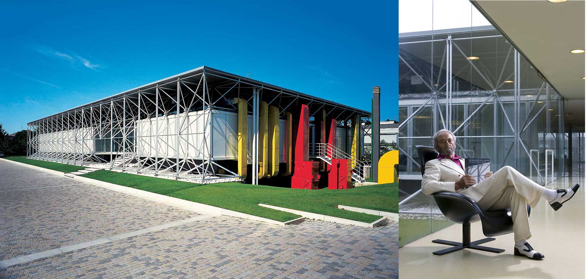 B&B Italia Headquarters in Novedrate, Italy, designed by Richard Rogers and Renzo Piano. Portrait of B&B Italia founder Piero Ambrogio Busnelli.