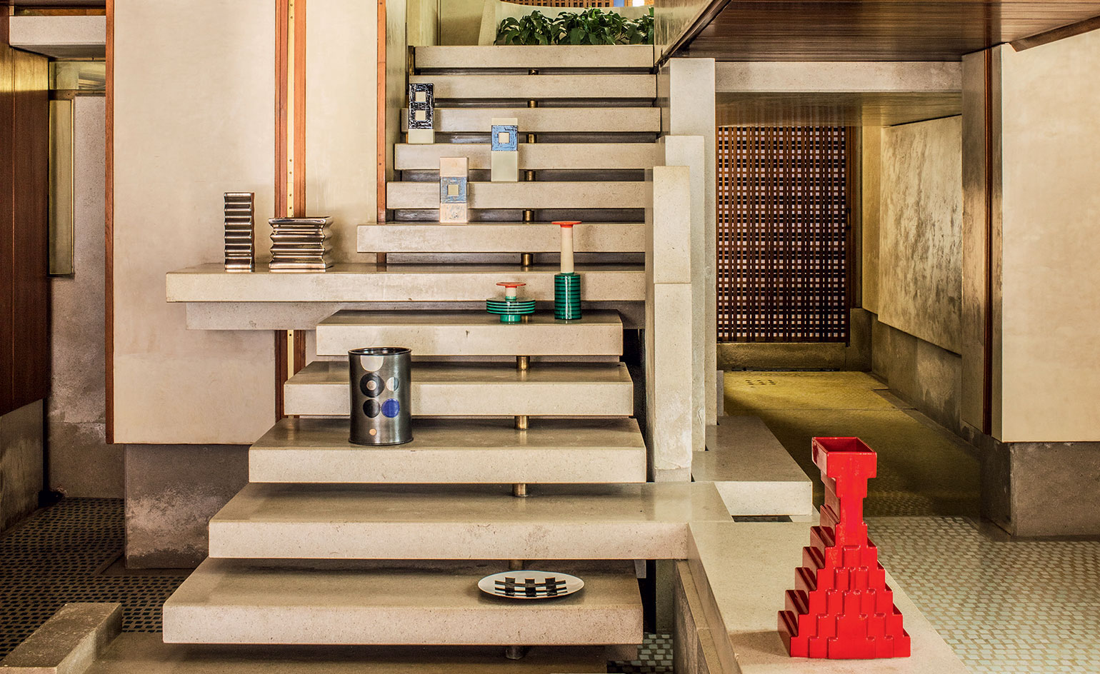 Ettore Sottsass ceramics on show at the Carlo Scarpa-designeed Negozio Olivetti in Venice.