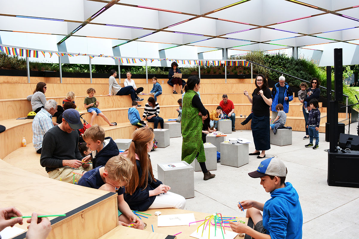 Tania Davidge and Christine Phillips of OpenHAUS running the Design Your Own Pavilion workshop at the MPavilion. Photo by Vei Tan.