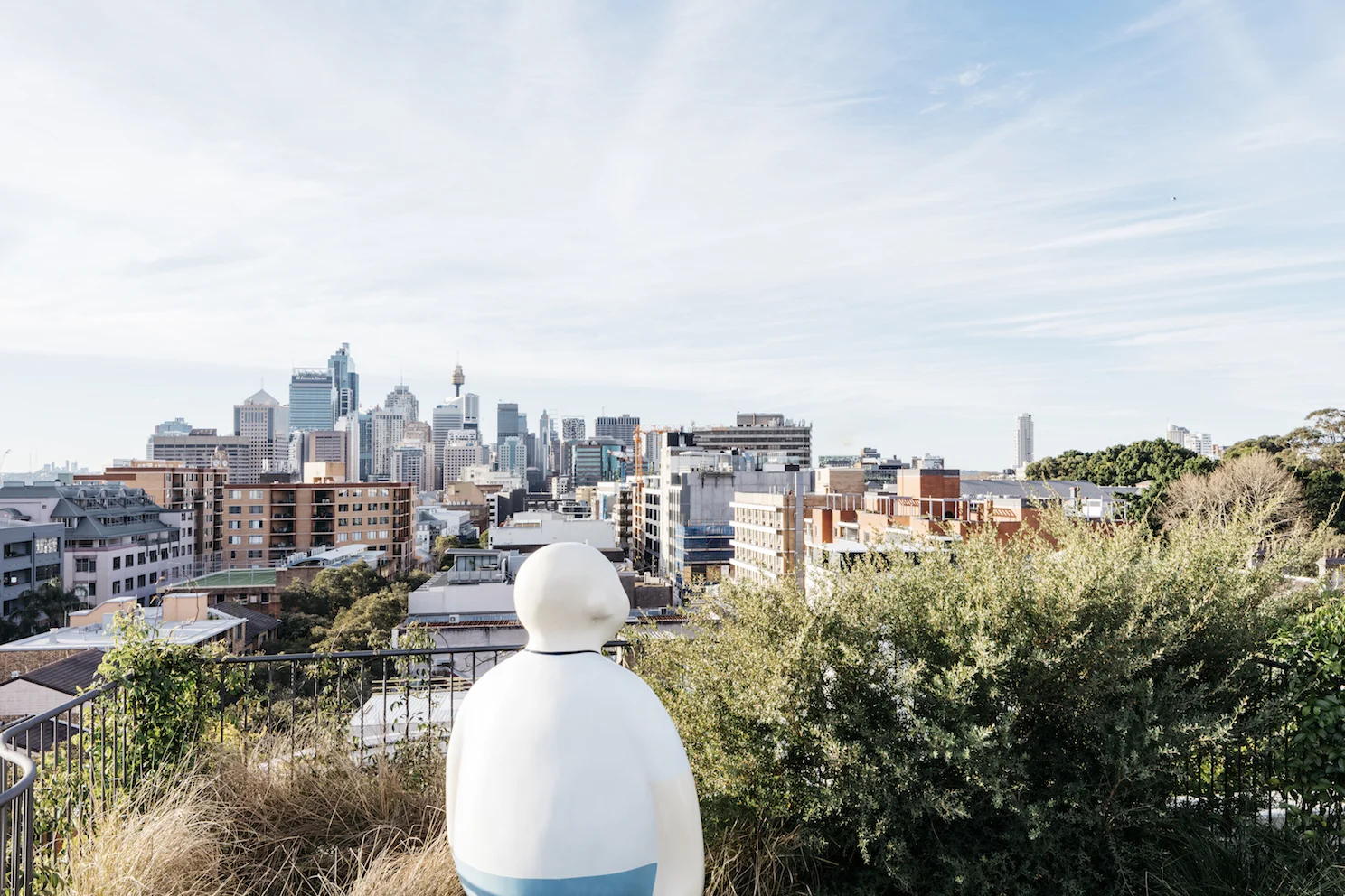 Rooftop living in Sydney, with native landscape by Will Dangar and Lost Tourist by sculptor Frank Van Reenen, Photography by Felix Forest.