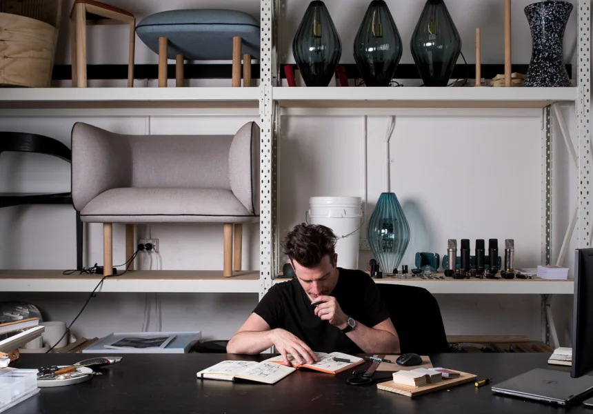 Tom Fereday in his Sydney studio where more than 80% of his design output happens in collaboration with brands including the recently launched Australian furniture brand SP01 Design.