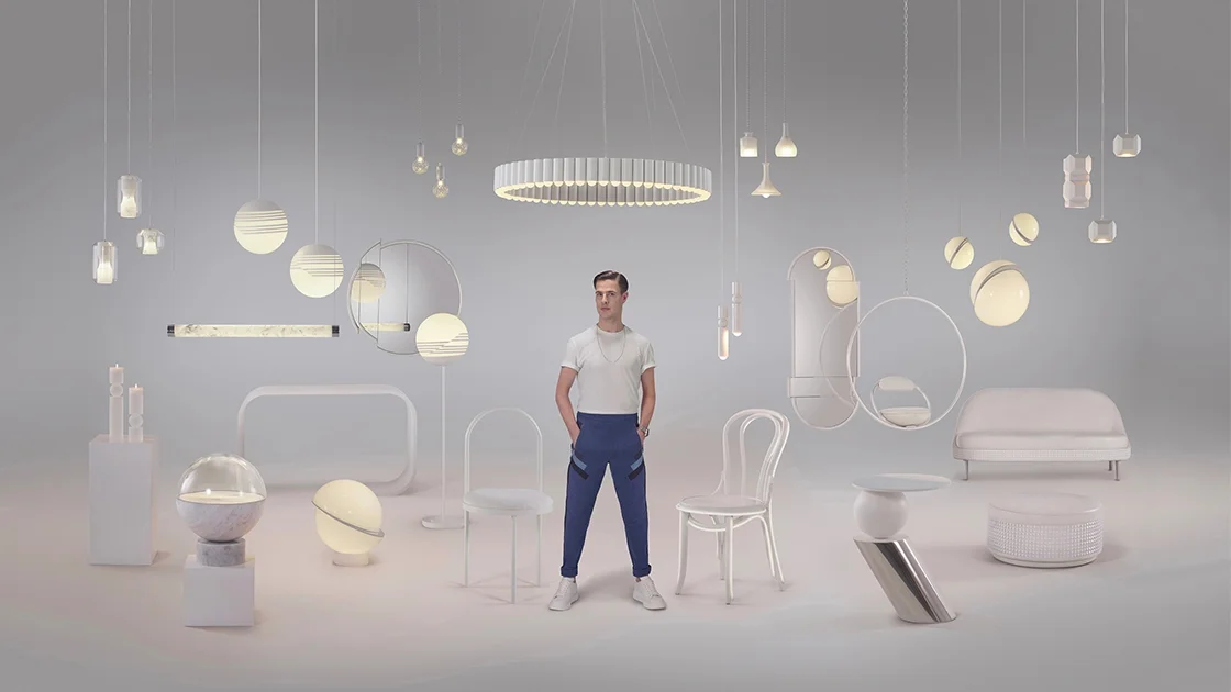 Lee Broom with some of the designs from the Lee Broom collection. Photo Arthur Woodcroft. 