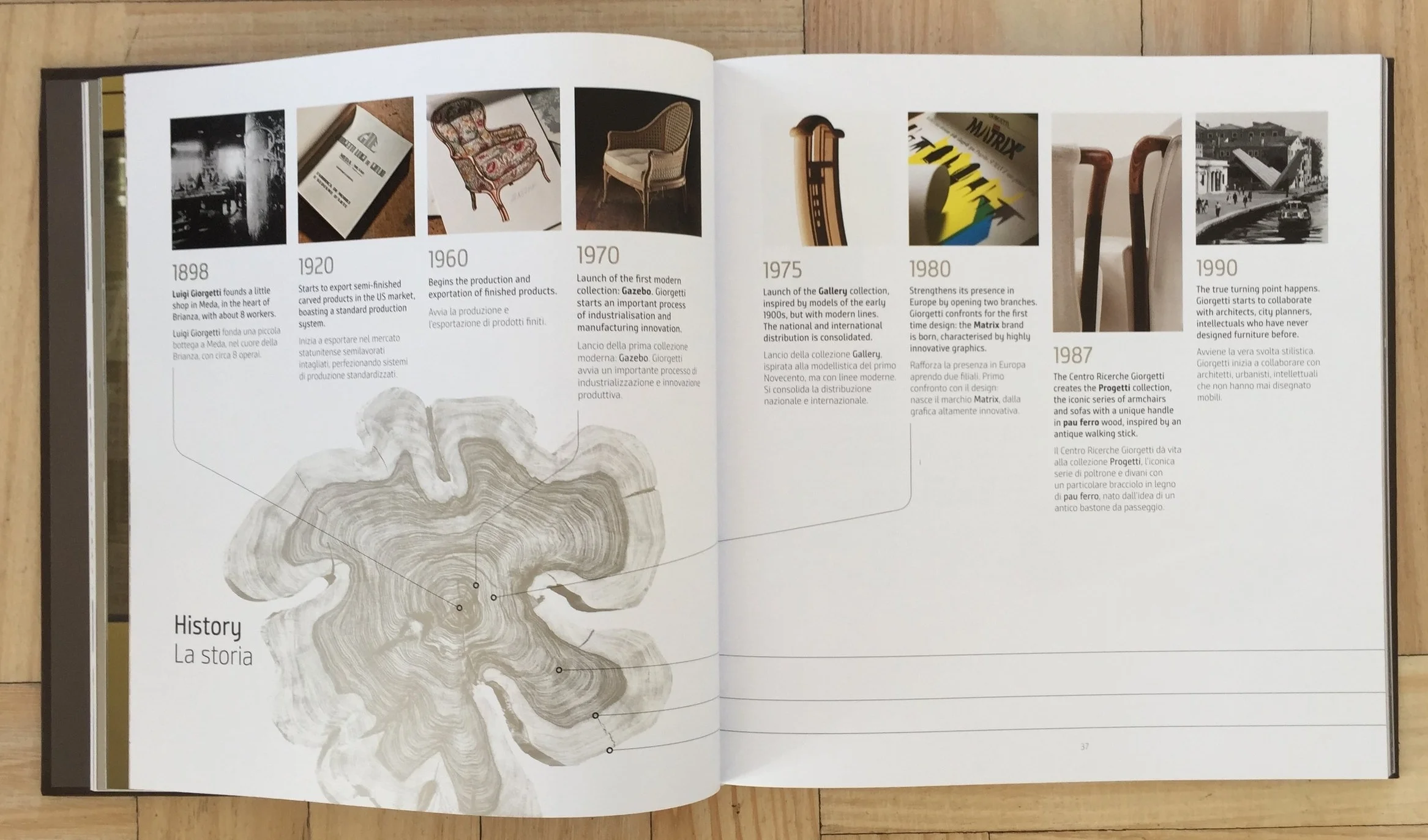 'Object to Project – Giorgetti design from 1898' includes a timeline of the group's design process, from the early days of purely timber production to the important 1980s when Carlo Giorgetti joined the family business and transofmred the company through his collaborations with architects and urban planners, many of whom had never designed furniture before. 