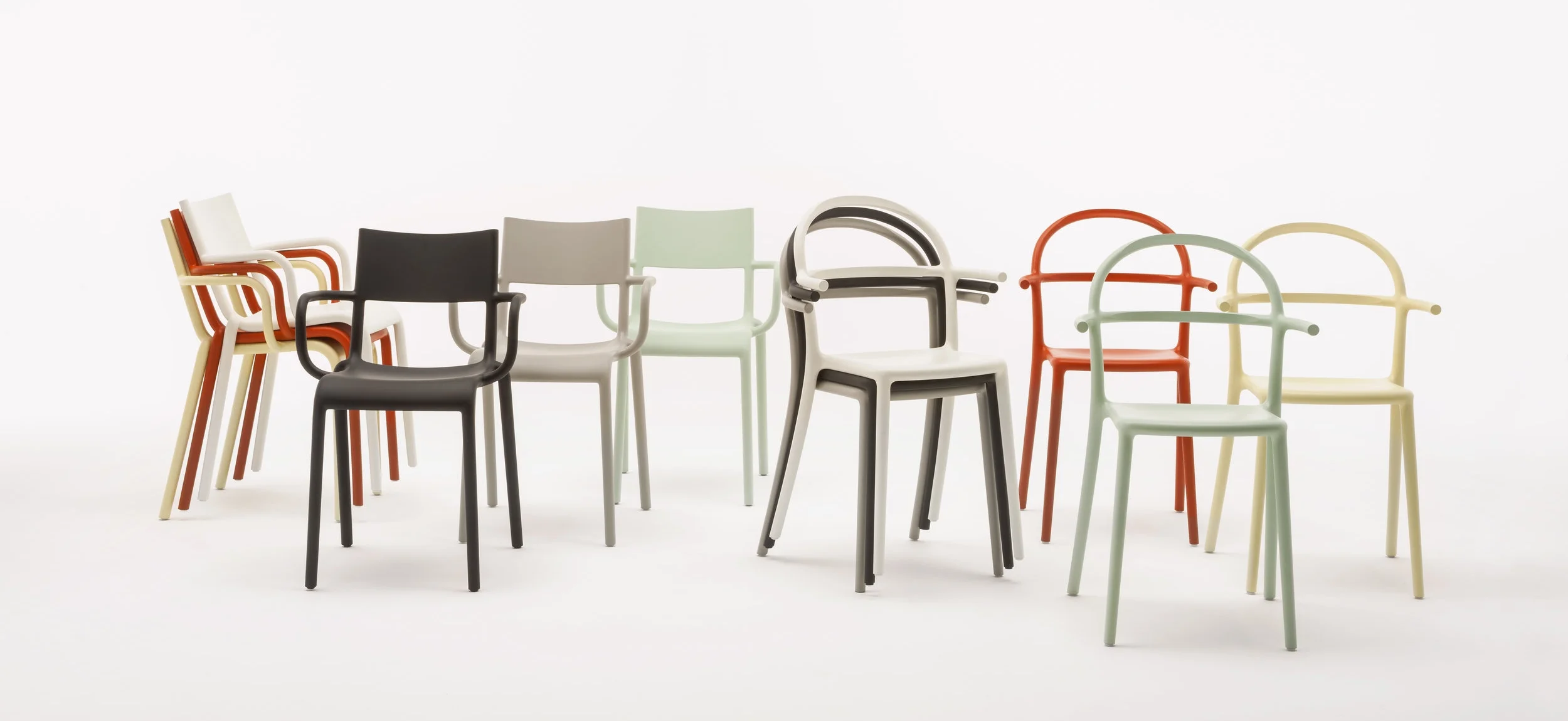 The Generic collection, the A chair for the office, and the Generic C chairs for restaurants. But like all of Starck’s design, each chair is interchangeable and flexible across applications.
