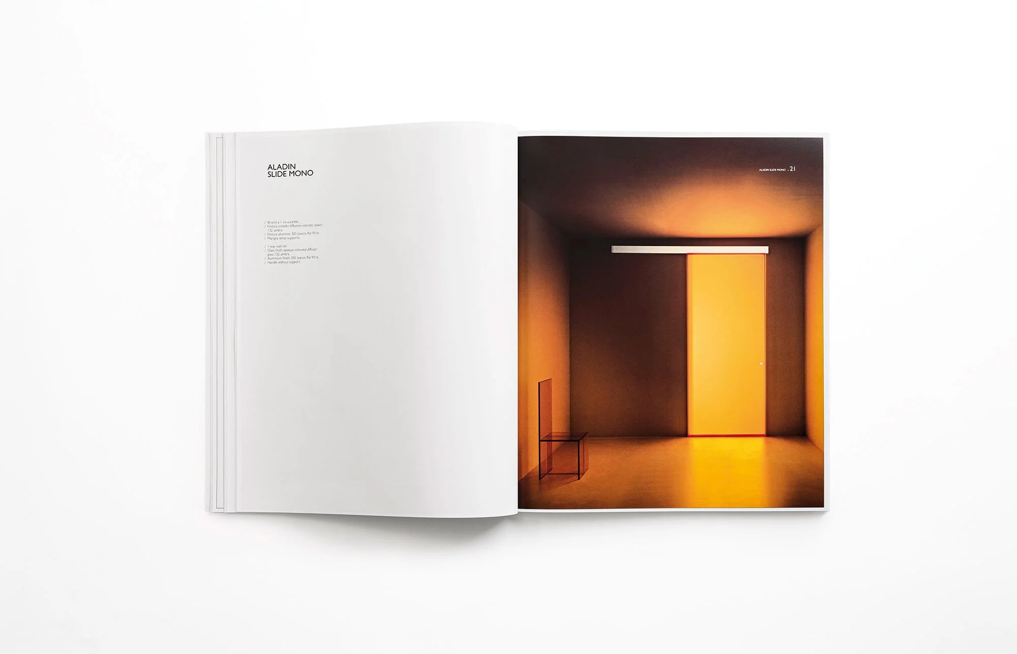 The Aladdin pocket door system (here and below) was the first door collection designed by Piero Lissoni for Glas Italia and it established a design approach focused on the application of glass textures and colours to architectural components. Book designed by Lissoni Associati. Photo c/o Glas Italia.