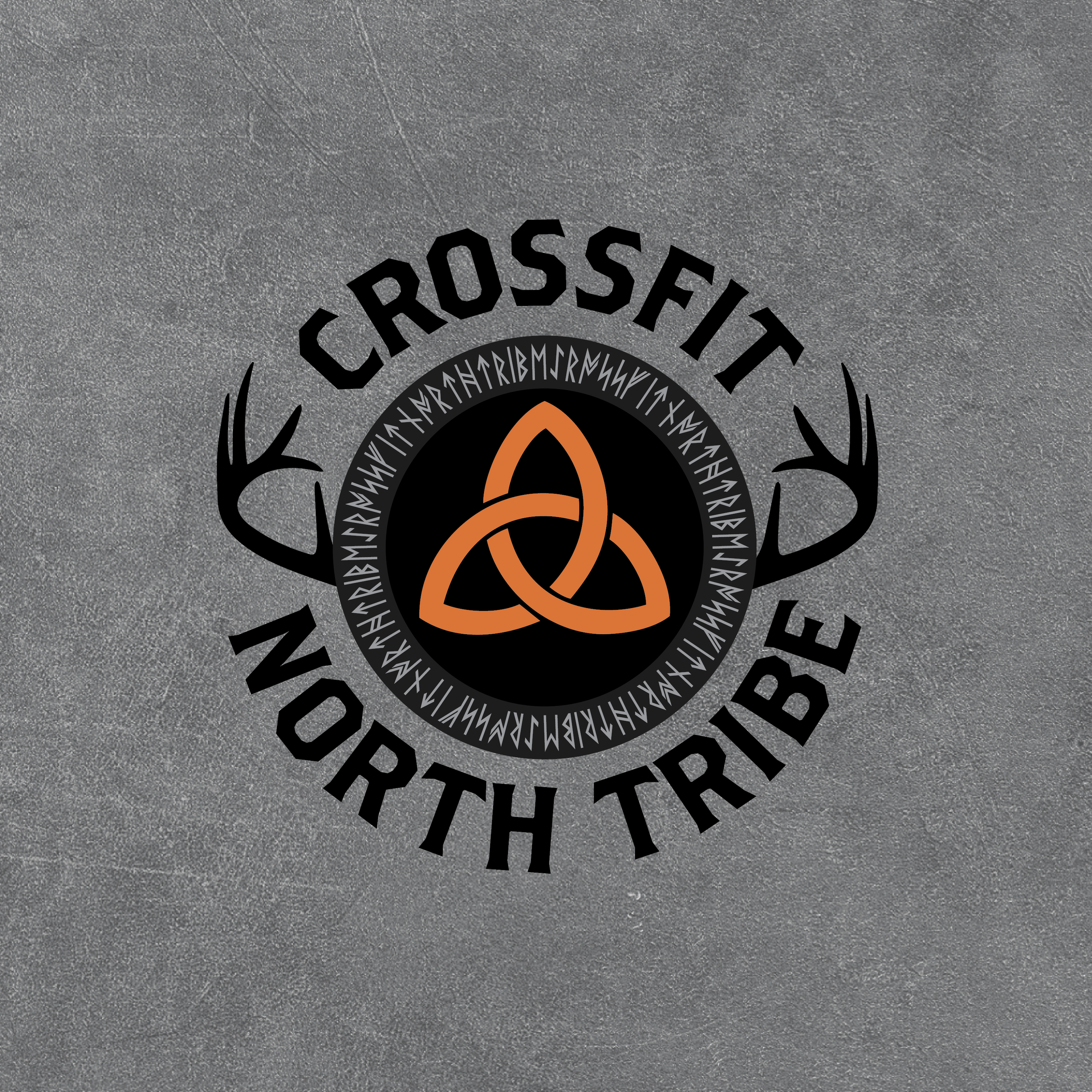 Logo for CrossFit North Triebe with a Celtic knot design, antler shapes on each side, and surrounding stylized runes against a concrete background.