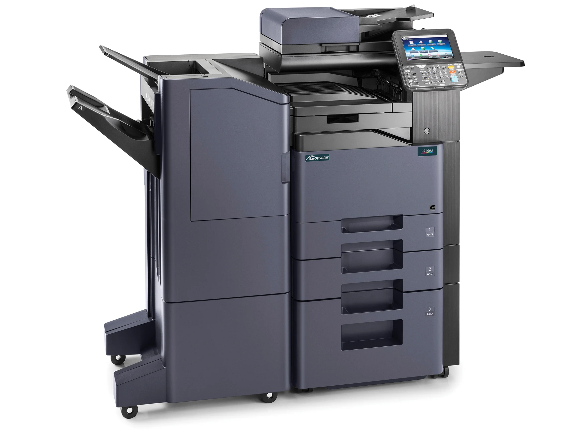 The 406ci pictured with 3200 sheet finisher, 3000 sheet letter drawer and 2 x 250 sheet cassettes