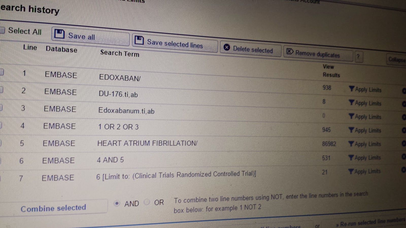 What a typical EMBASE search looks like. This is for a new drug with few synonyms so its a fairly straightforward one. Others can have forty odd lines of searches.