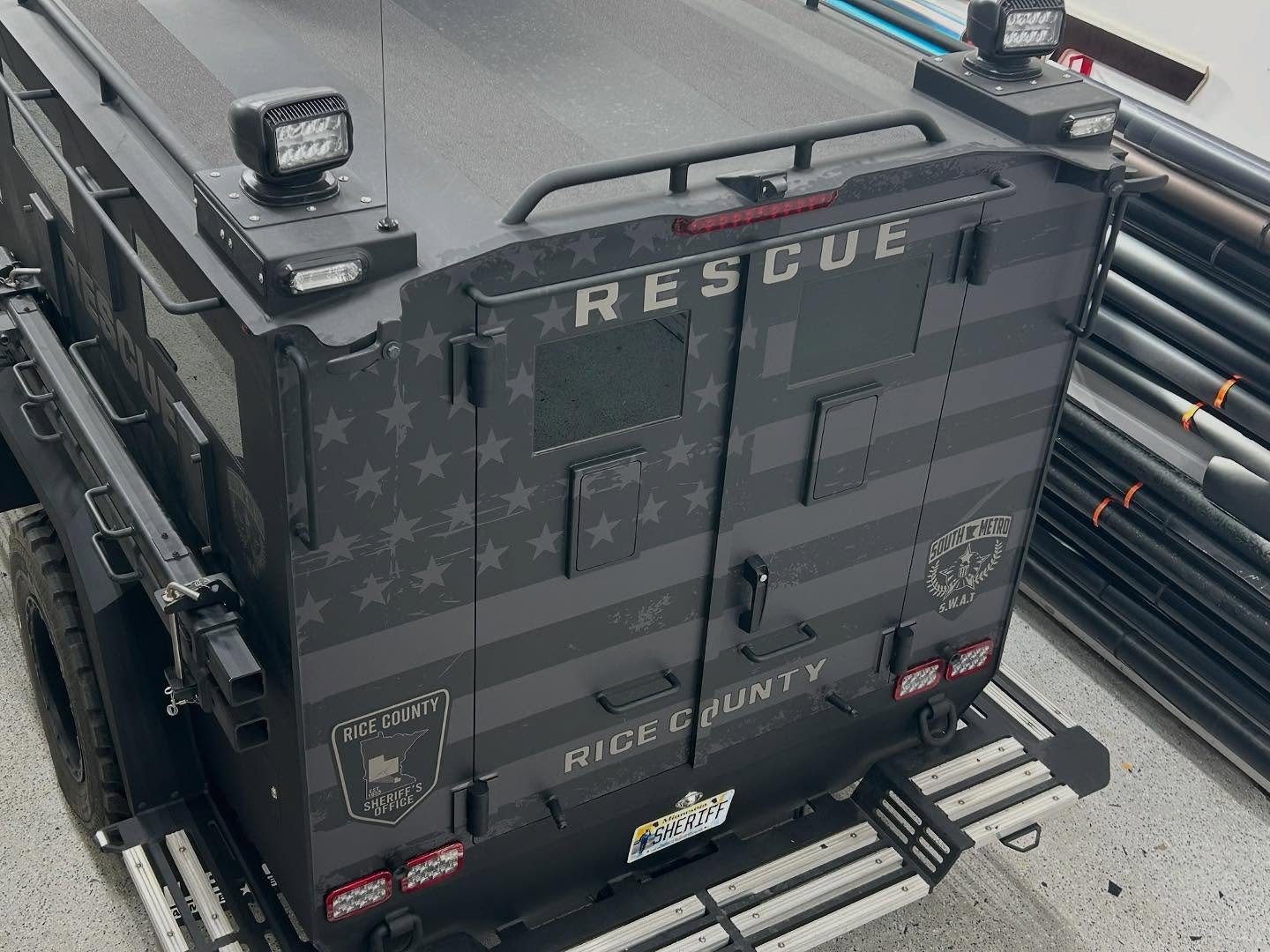 🚓✨ We&rsquo;re thrilled to share the latest collaboration with the Rice County Sheriff&rsquo;s Department on their new BearCat. This project was all about blending patriotism and respect into a visually strong design. Every inch of this powerful veh