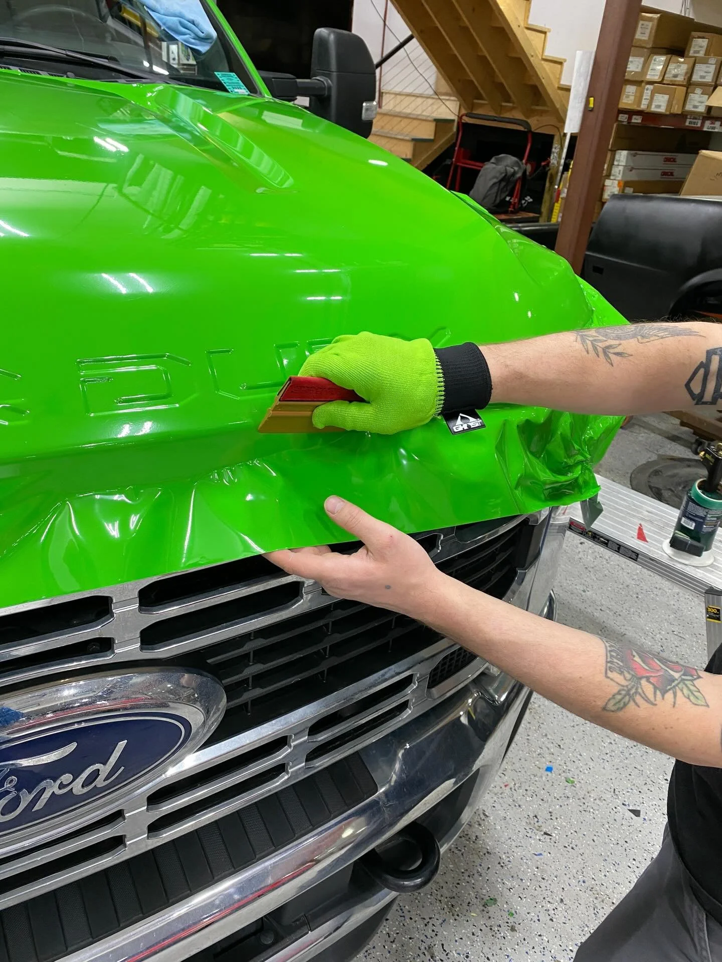 Full color-change wrap on this fleet Ford pickup for a valued client! We matched the perfect grass green and paired it with the perfect @wrapglove green for a flawless finish. Our vendor partnerships and client relationships mean everything; that tru