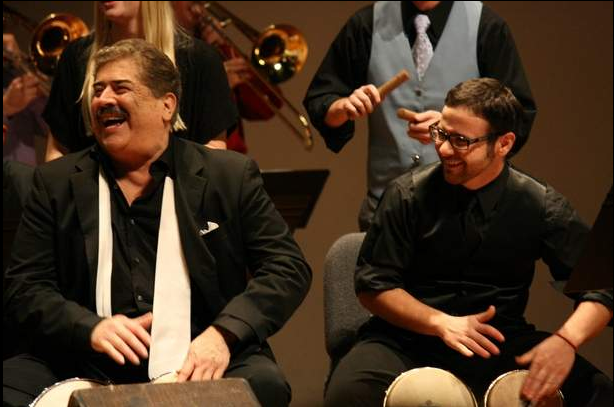 Mambo Legends Orchestra director and bongo player Johnny Rodriguez, left, and Crane Latin Ensemble bongo player Matt Christy.