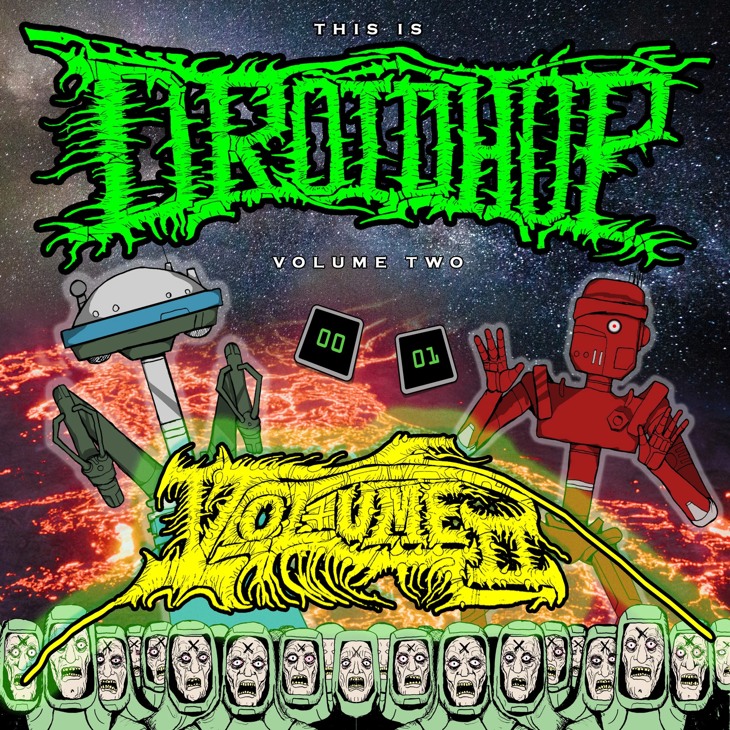 Two robots stand before a volcano as undead lab techs march under the words: THIS IS DROIDHOP VOLUME TWO