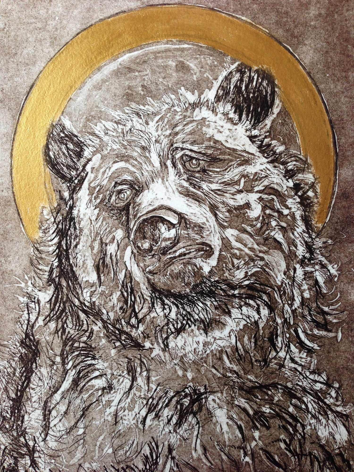 Ursus Enthroned, intaglio print made from etched copper plate.  Approx. 7 x 9 inches