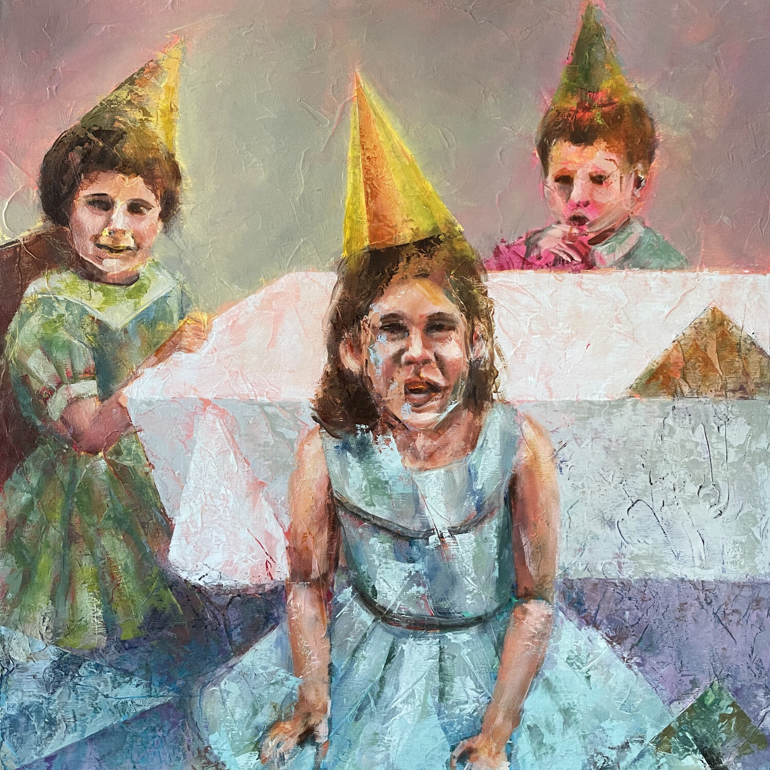 Party Hats 3,  16 x 16 inches, oil on cradleboard