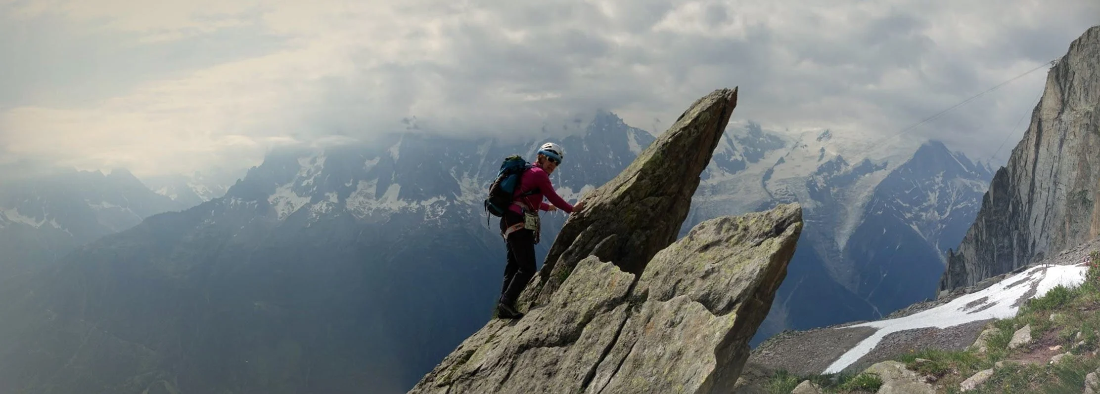Finishing La Somone Mont Blanc shrouded in clouds in the background.
