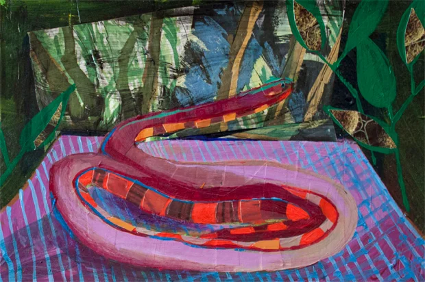 Pet Snake Paradise, acrylic and collage on paper, 6 x 9 inches, 2013