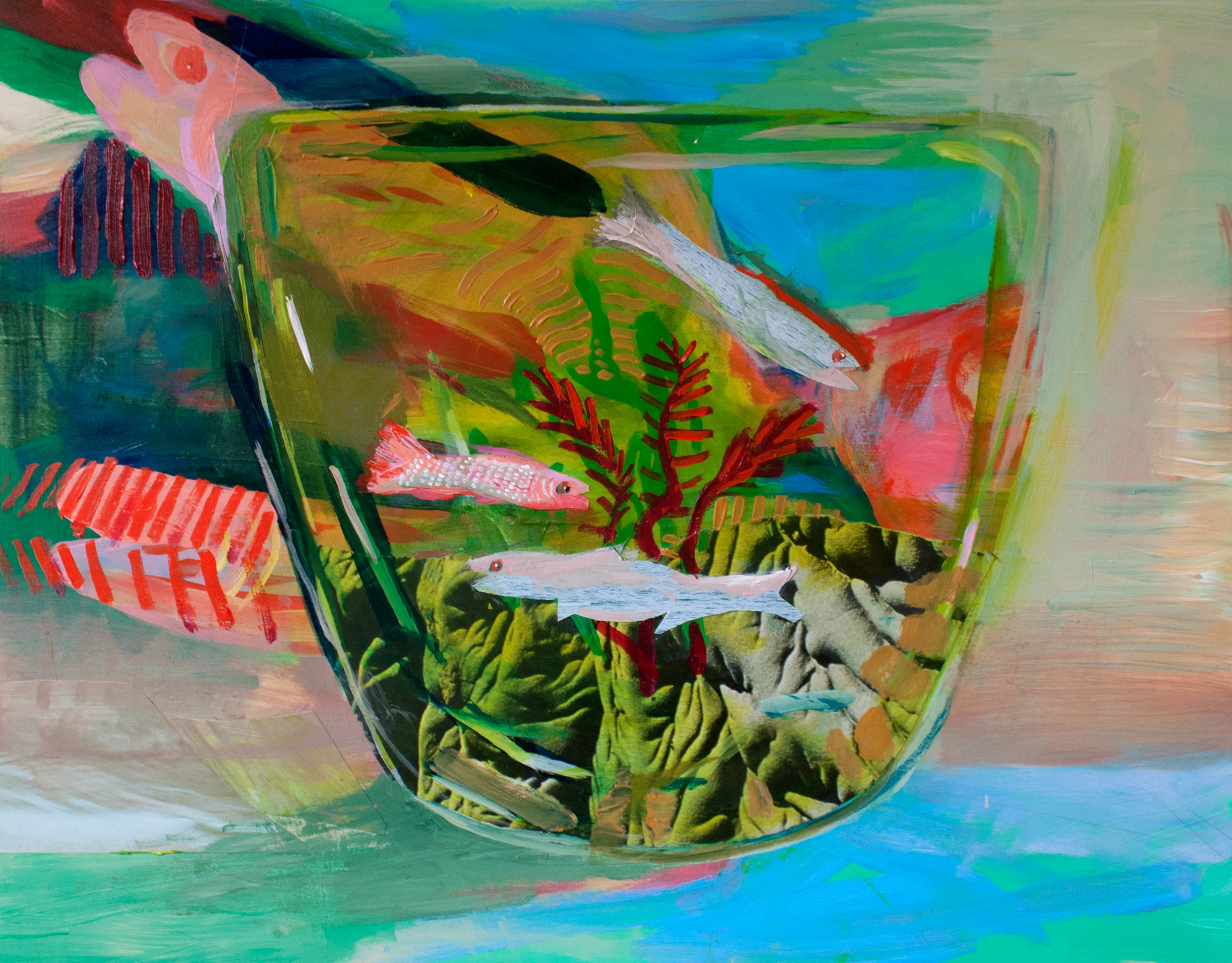 Fish Bowl , acrylic and collage on panel, 11 x 14 inches, 2014