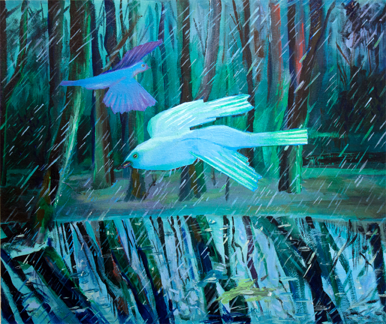   Birds in the Rain,&nbsp; acrylic on canvas mounted on panel, 20 x 24 inches, 2016 