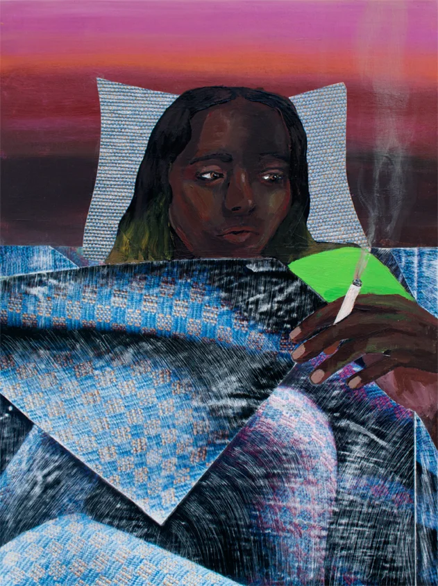 Smoking in Bed, acrylic and collage on panel, 16 x 12 inches, 2016