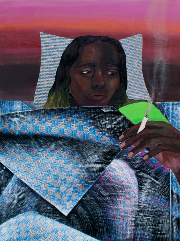   Smoking in Bed,&nbsp; acrylic and collage on panel, 16 x 12 inches, 2016 